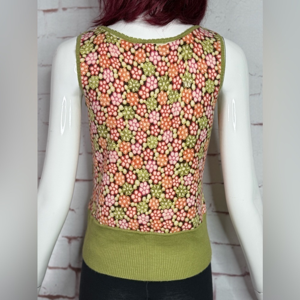 SIGRID OLSEN XS Silk Knit Moss Green Orange Pink Floral Sleeveless Sweater Vest - Picture 9 of 13